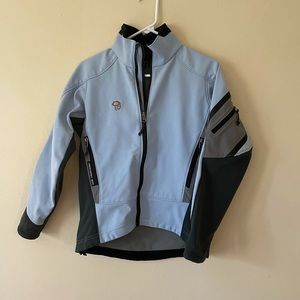 Mountain Hardwear Light blue and gray fleece lined shell outdoors jacket